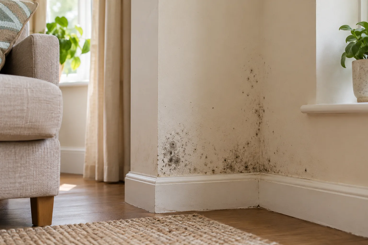 Illustrative close photograph of small mould patches on washable painted plaster in a British lounge