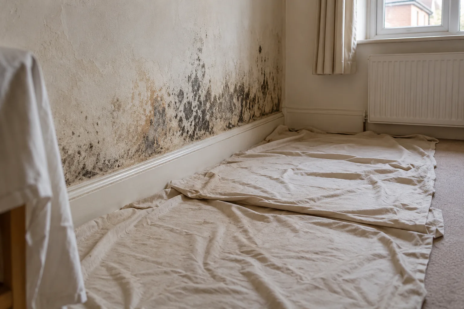Illustrative protective plain dust sheets neatly laid beside a mould affected wall before work, no chemicals visible