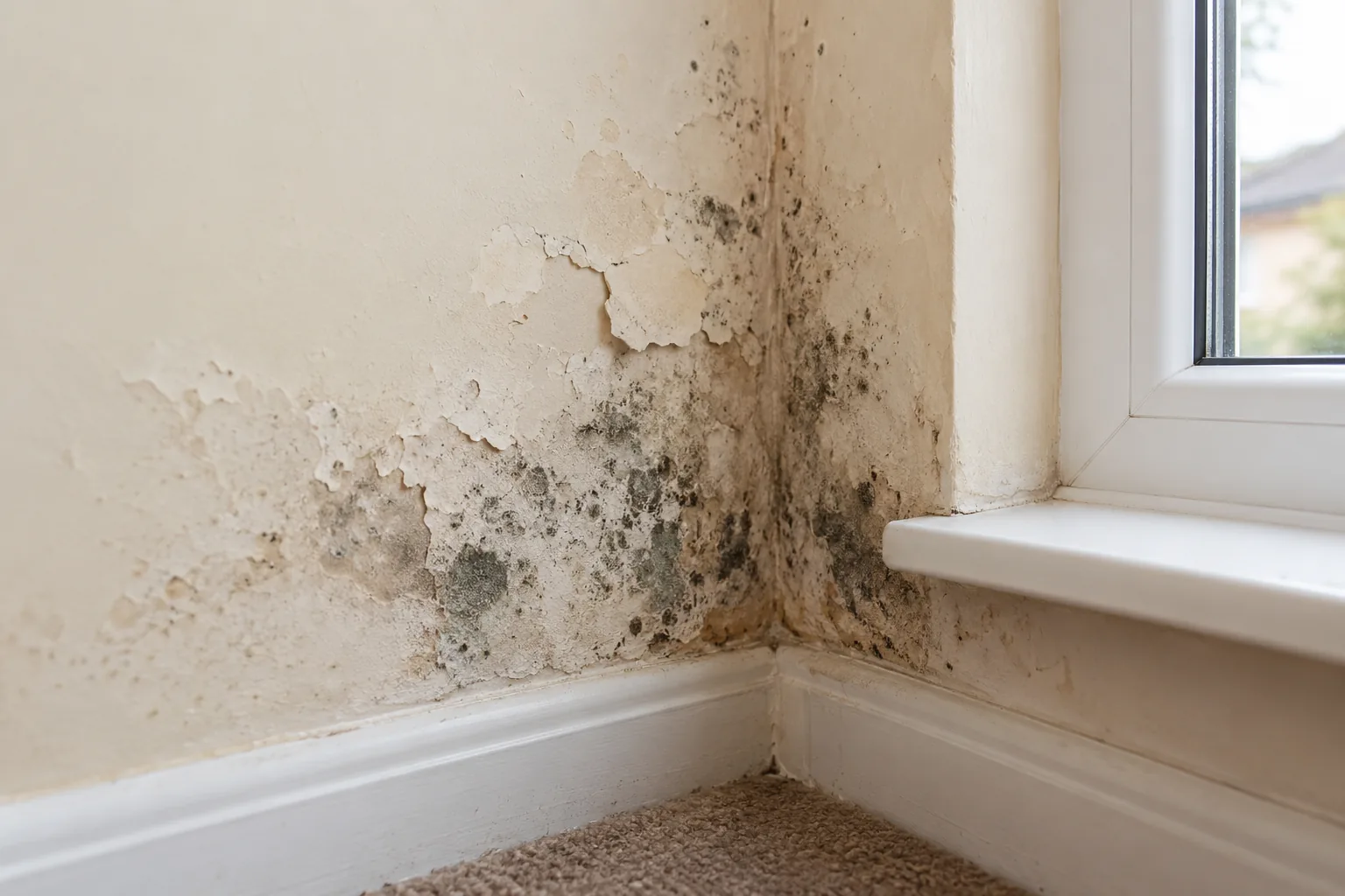 Illustrative close view of damaged paint beside mould spotting on a British internal wall
