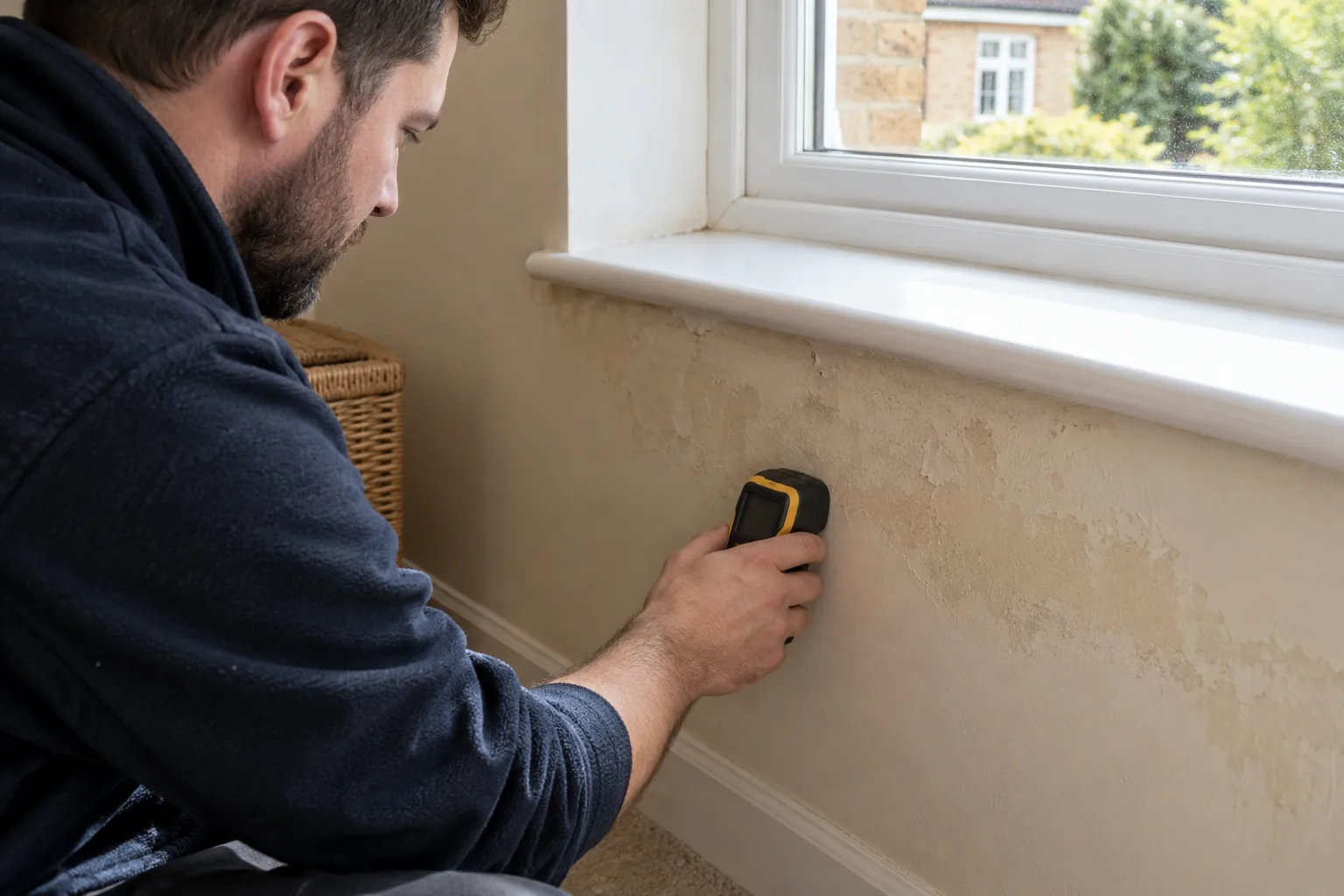 Illustrative unbranded moisture meter held naturally against a wall below a window, screen turned away