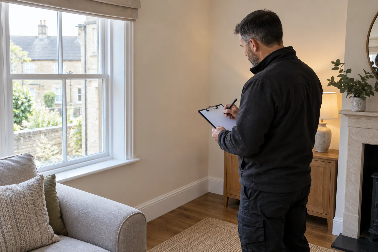 Illustrative technician looking at a completed assessment area with notes on a blank clipboard, no before-after presentation